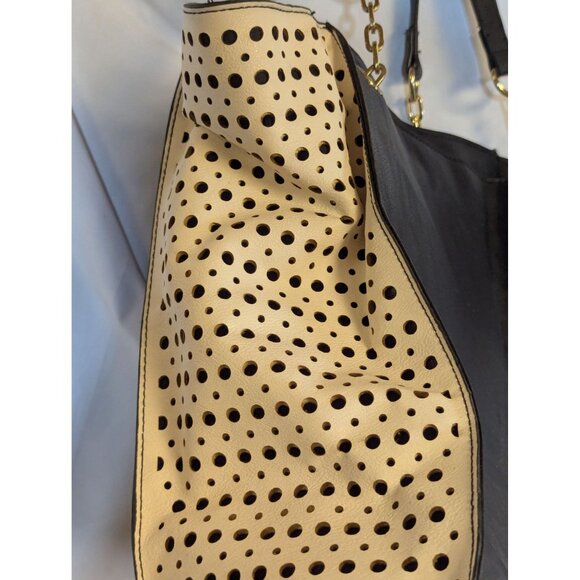 Christian Siriano Black & White Perforated Tote Bag With Gold Chain Accents - Picture 5 of 7
